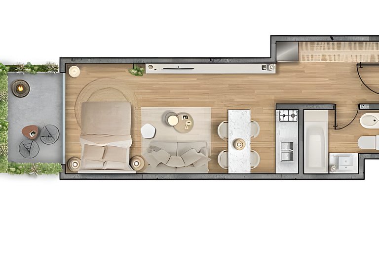 Estudio Luminoso con Coworking, Balcón y Piscina